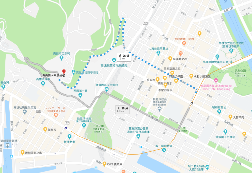 寿山情人観景台までの徒歩ルートマップ