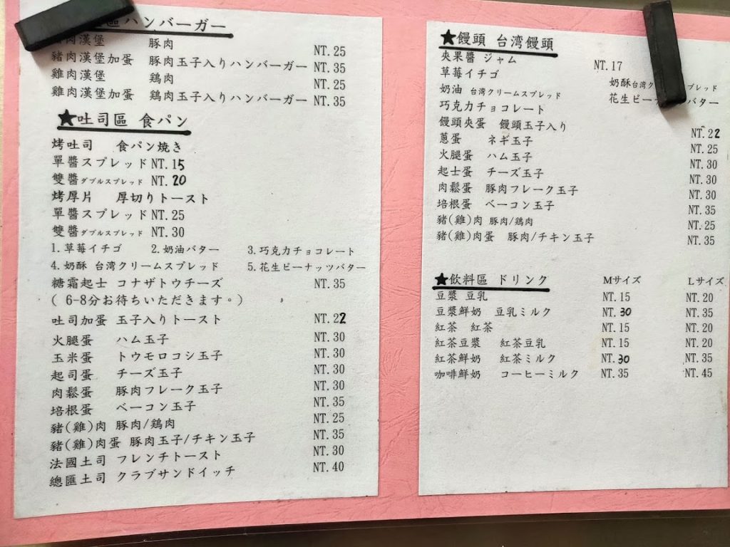 王媽媽早餐店の日本語メニュー