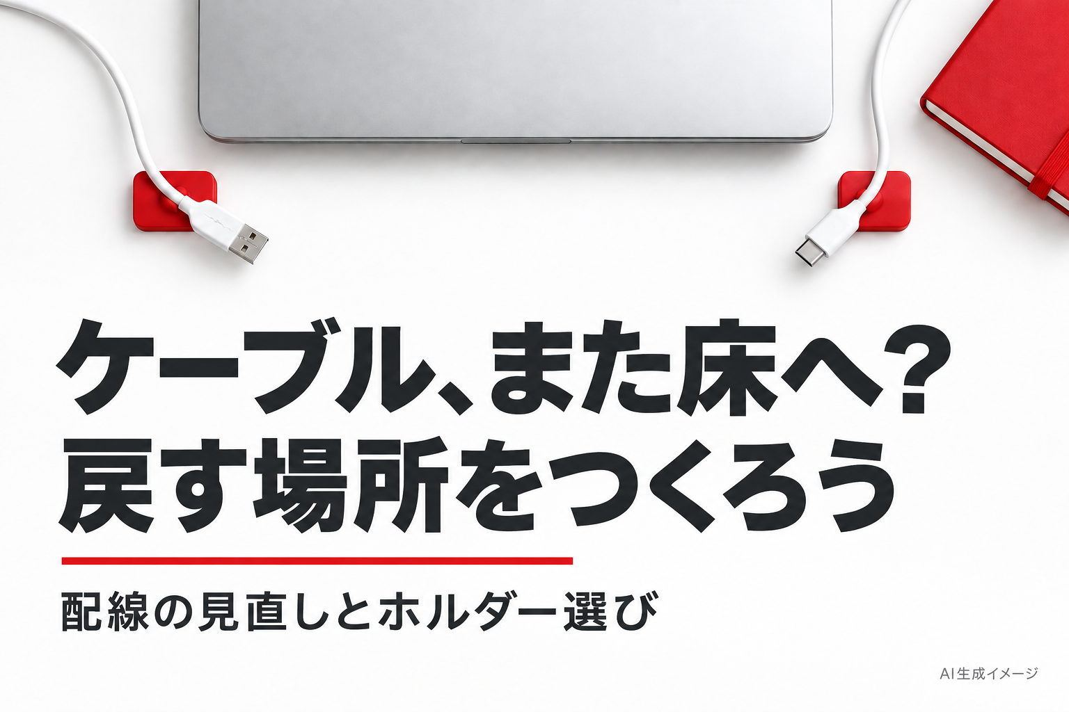 ケーブルの戻し場所を汎用クリップで示したAI生成イメージ。EKC-CCH01BKの実物写真や形状・色の再現ではありません
