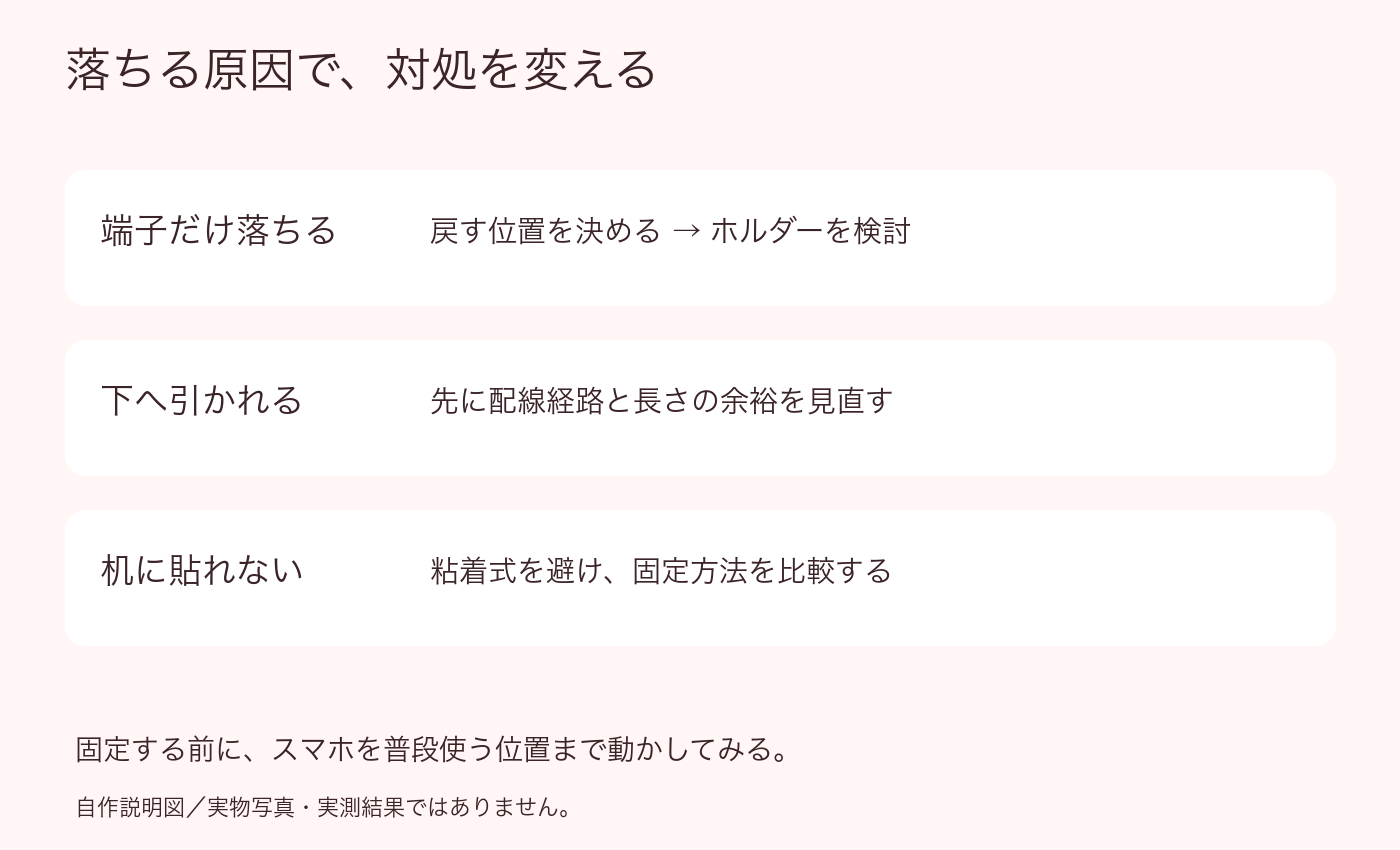 ケーブルが落ちる原因別に配線変更と固定方法を選ぶ自作説明図