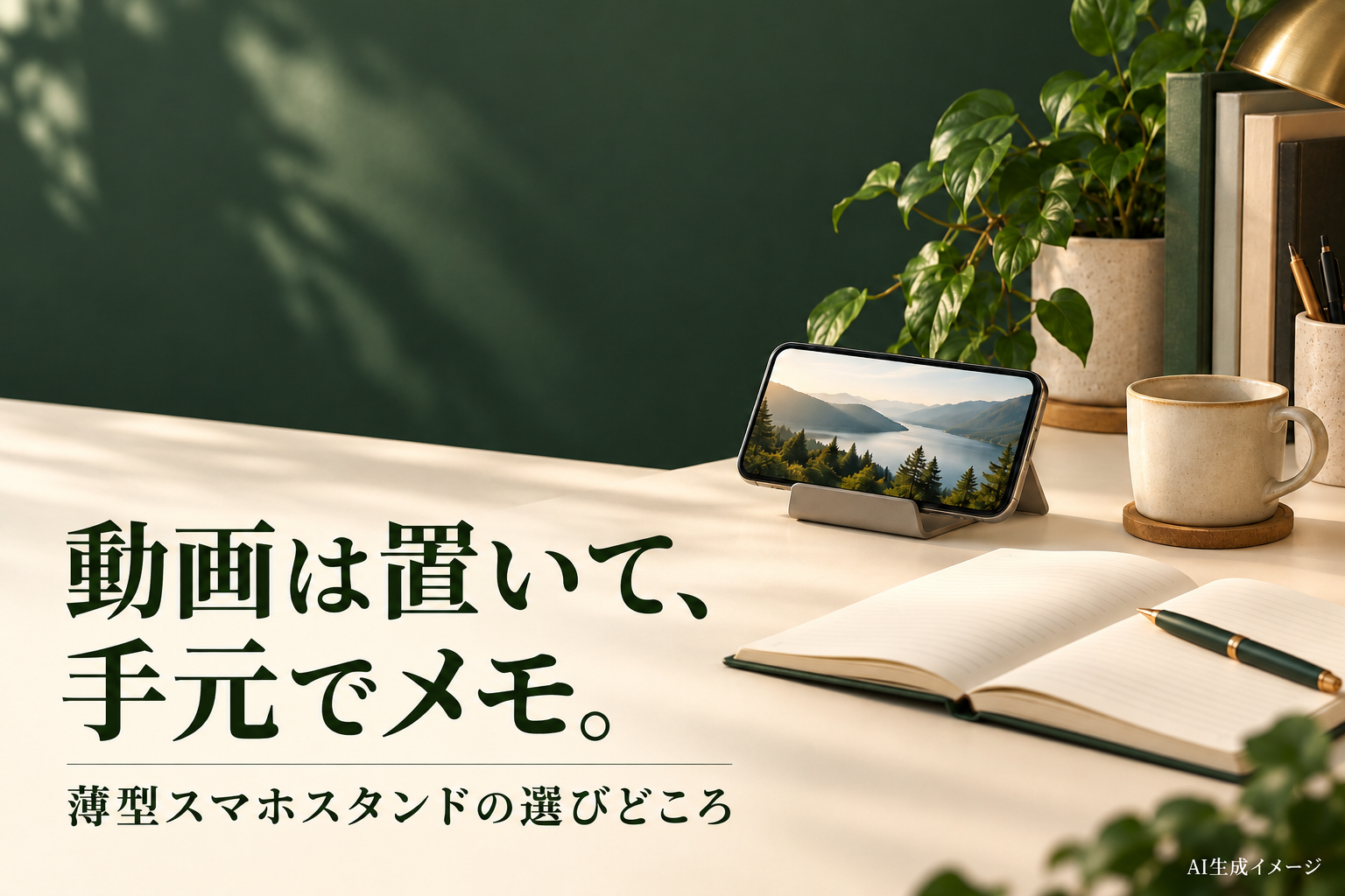 スマホの動画を見ながら紙へメモする用途のAI生成イメージ。汎用スタンドを描いたもので、P-DSCHCMPBKの実物写真や使用実績ではありません
