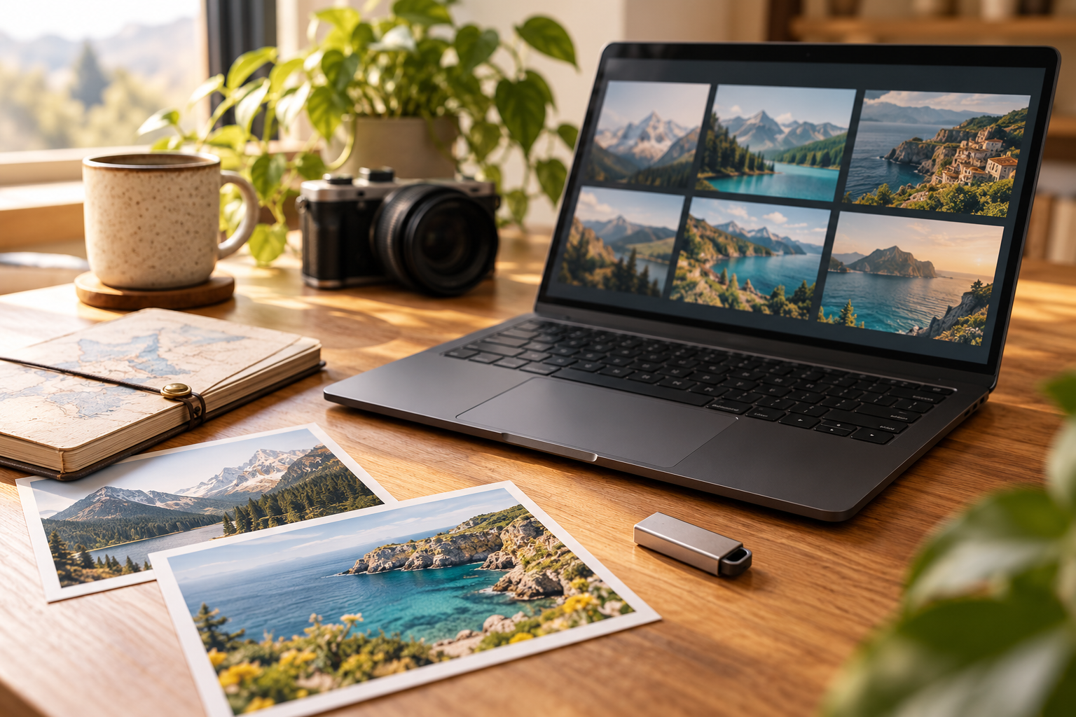 旅行写真をPCで整理する机のAI生成イメージ。汎用機器で用途を表したもので、紹介製品の実物写真ではありません。