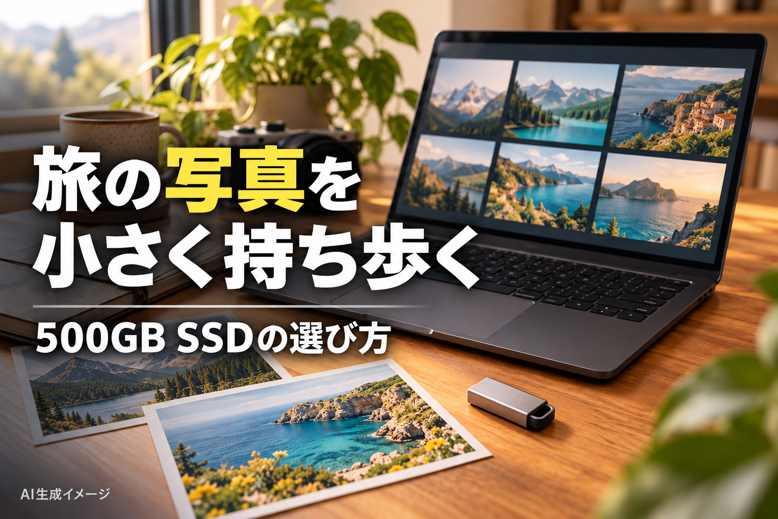 旅の写真を小さく持ち歩く、500GB SSDの選び方。文字入りAI生成イメージで、紹介製品の実物写真ではありません。