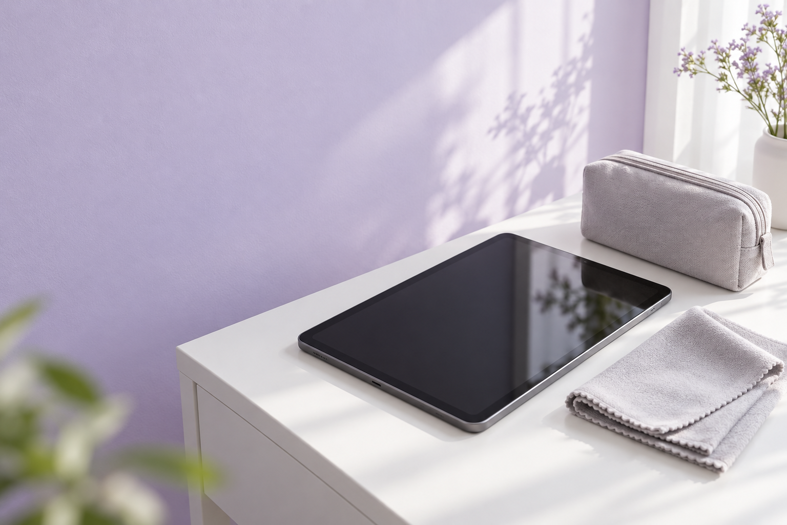 タブレットと汎用クロスの収納を考えるAI生成イメージ。KCT-007GYの実物写真・付属品・清掃効果を示すものではありません
