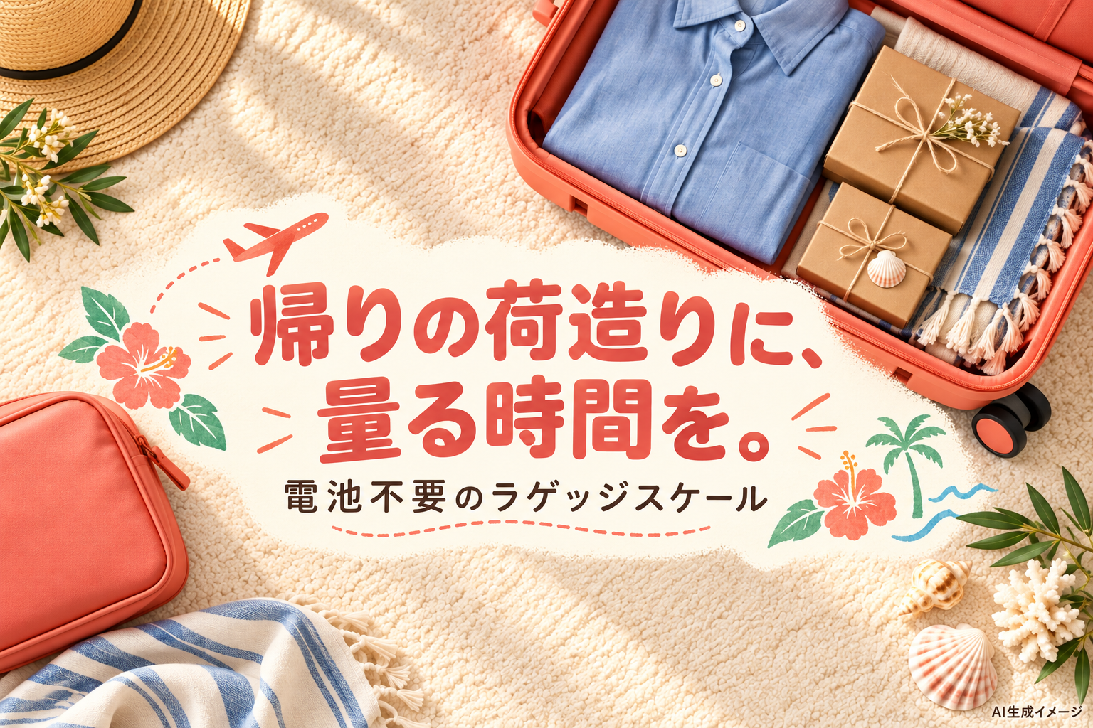 お土産とスーツケースの荷造りを表すAI生成イメージ。LS-108の実物写真や計測風景ではありません
