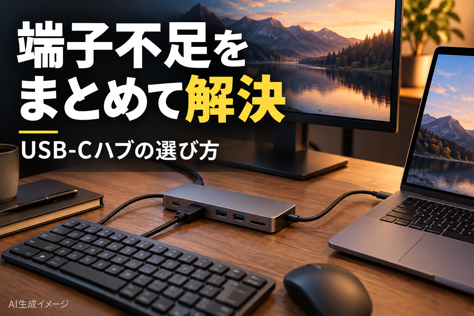端子不足をまとめて解決。USB-Cハブの選び方。文字入りAI生成イメージ。紹介製品の実物写真ではありません。