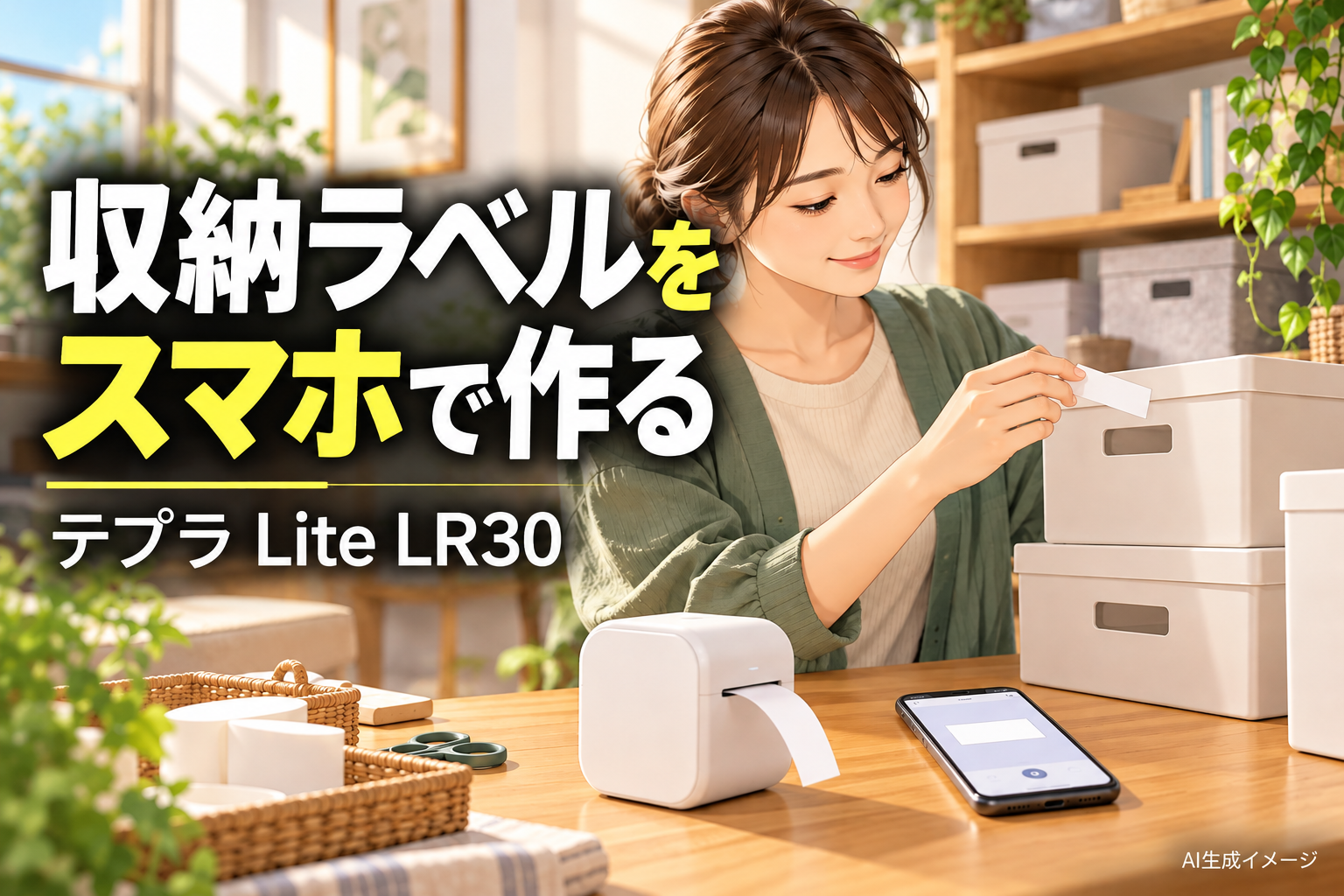 収納ラベルをスマホで作る。テプラ Lite LR30。文字入りAI生成イメージ。紹介製品の実物写真ではありません。