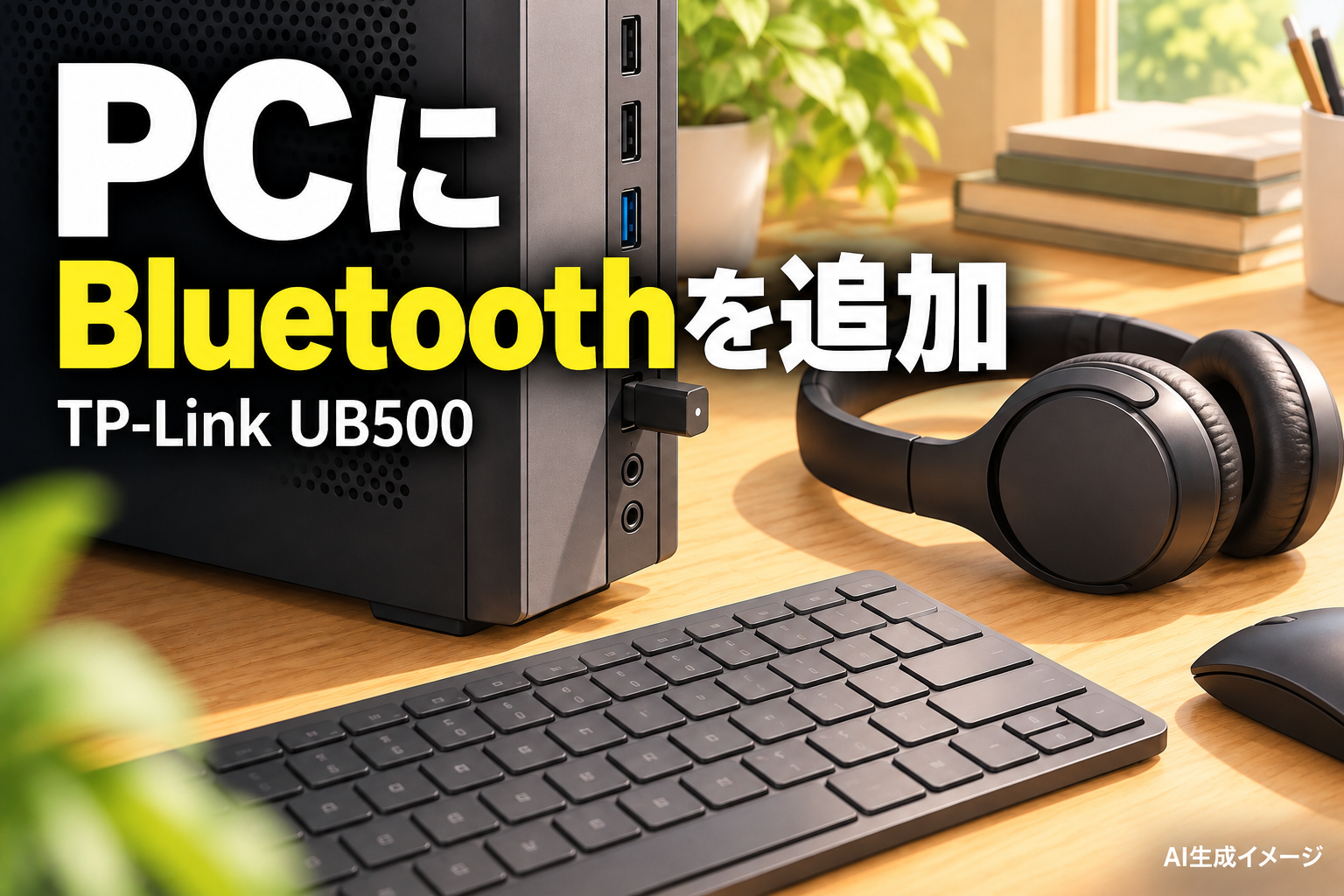 PCにBluetoothを追加。TP-Link UB500。文字入りAI生成イメージ。紹介製品の実物写真ではありません。