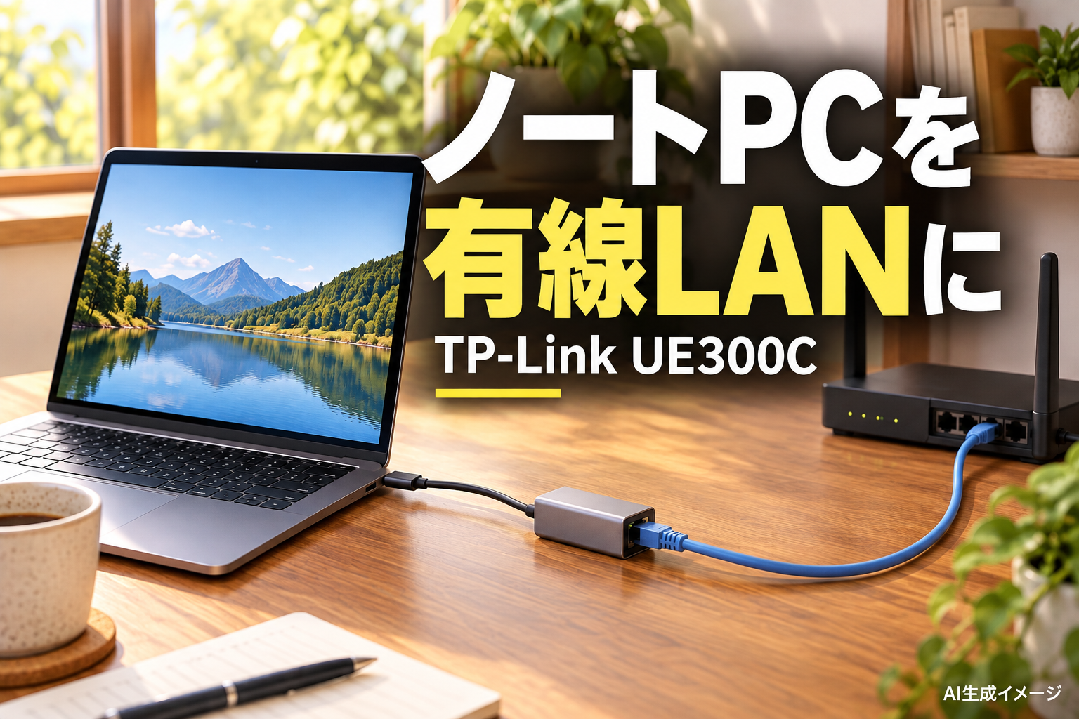 ノートPCを有線LANに。TP-Link UE300C。文字入りAI生成イメージ。紹介製品の実物写真ではありません。