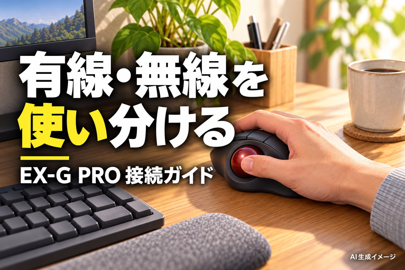 有線・無線を使い分ける。EX-G PRO 接続ガイド。文字入りAI生成イメージ。紹介製品の実物写真ではありません。