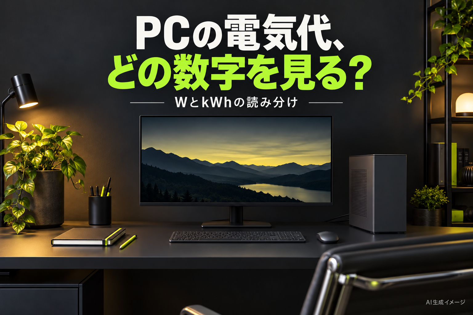 PCの電力使用を考える机のAI生成イメージ。TAP-TST8Nの実物写真や計測風景ではありません