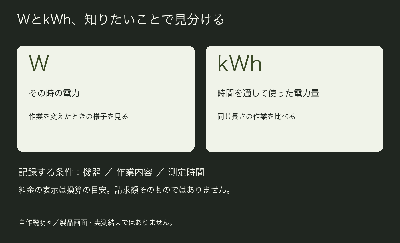 WとkWhの違いと記録する条件をまとめた自作説明図。実測結果ではありません