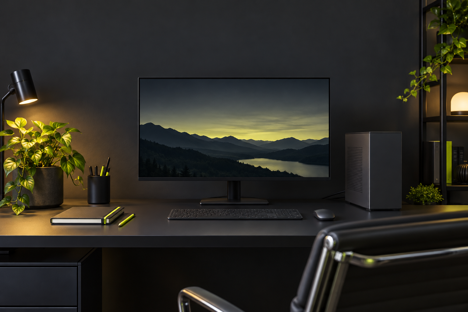 PCの電力使用を考える机のAI生成イメージ。TAP-TST8Nの実物写真や計測風景ではありません