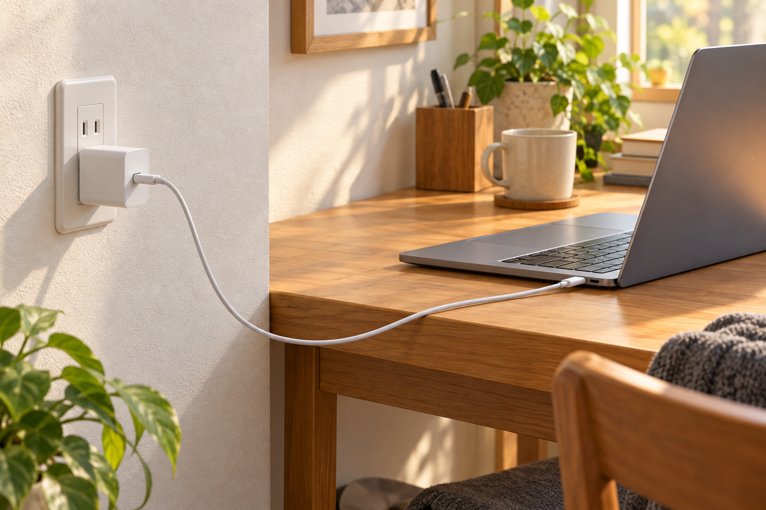 USB-C充電器でノートPCを充電する場面(AI生成イメージ)。紹介製品の実物写真・形状の再現・動作検証結果ではありません。