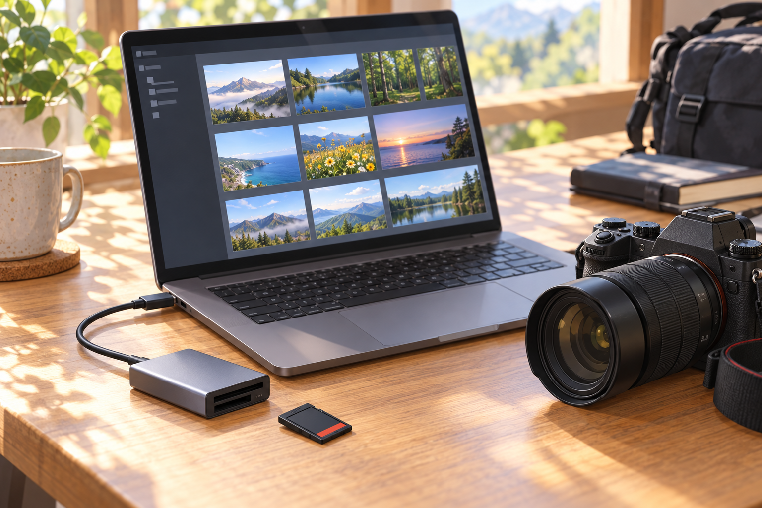 カードリーダーで写真をPCに取り込む場面(AI生成イメージ)。紹介製品の実物写真・形状の再現・動作検証結果ではありません。