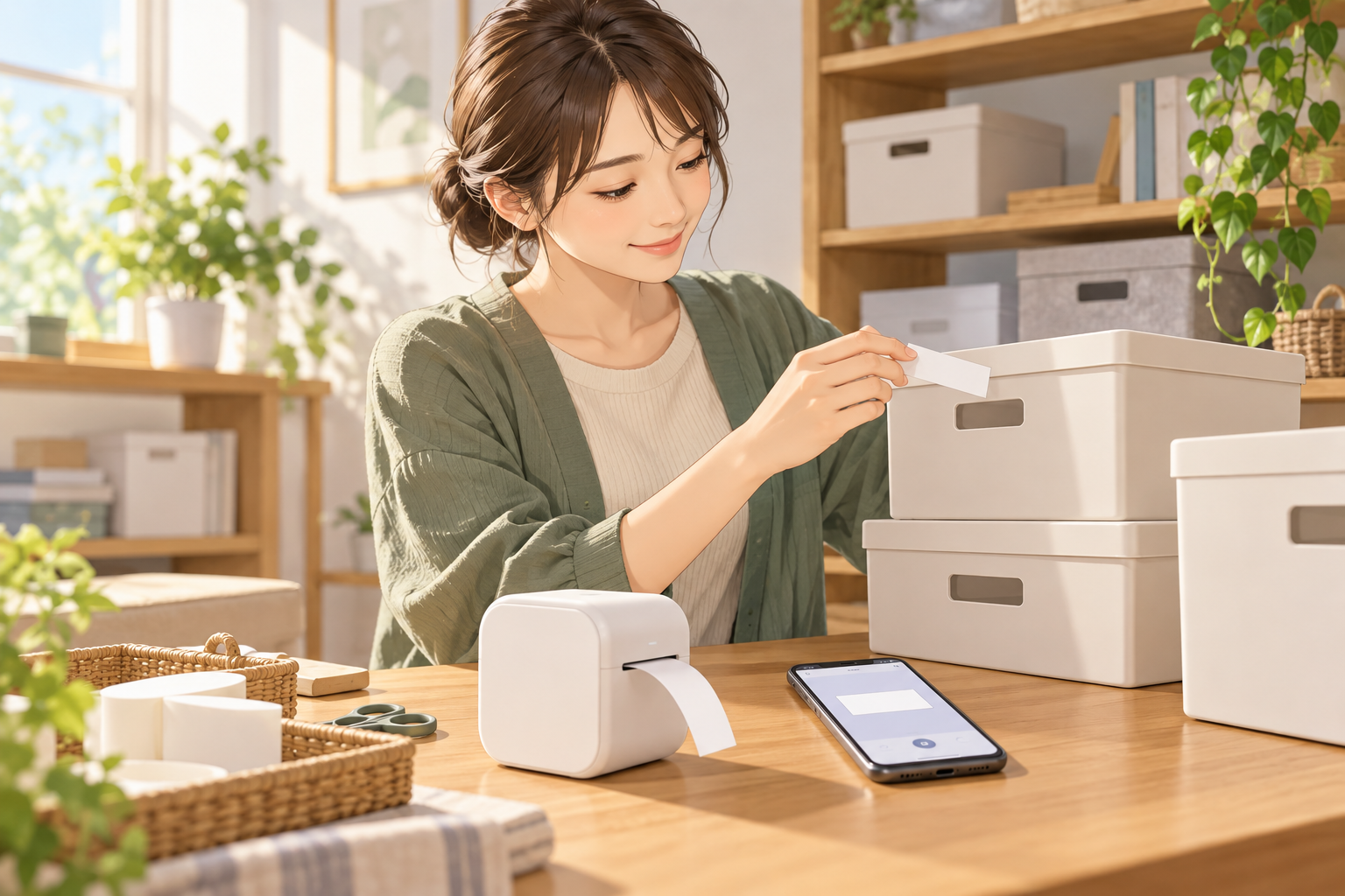 ラベルプリンターで収納を整理する場面(AI生成イメージ)。紹介製品の実物写真・形状の再現・動作検証結果ではありません。