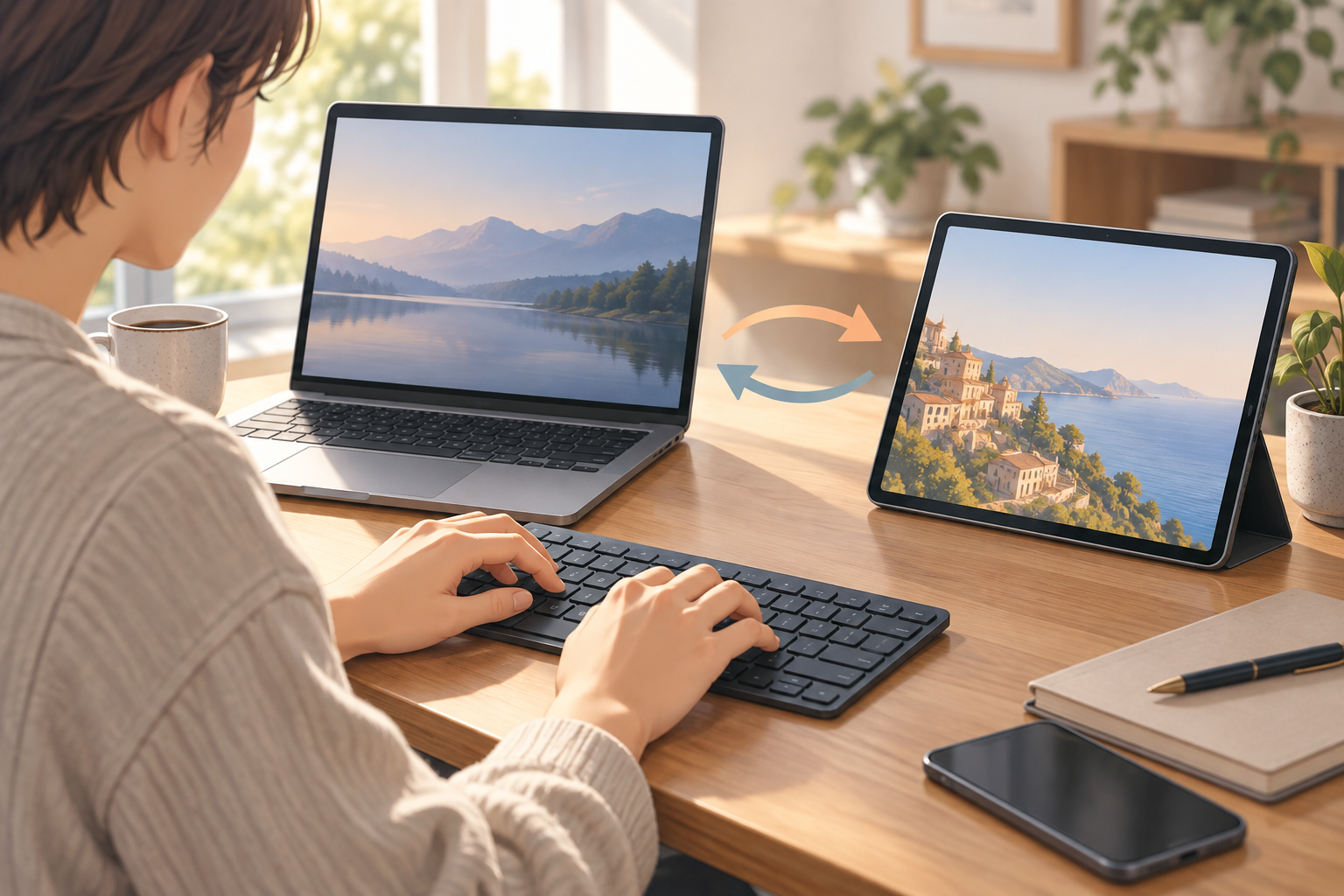 PCとタブレットの前でキーボードを使う場面（AI生成イメージ）。紹介製品の実物写真・形状の再現・動作検証結果ではありません。
