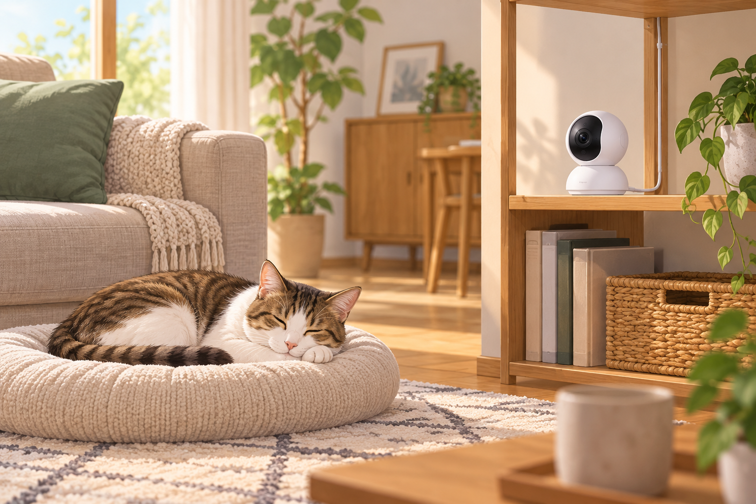 室内カメラで猫のいる部屋を見守る場面（AI生成イメージ）。紹介製品の実物写真・形状の再現・動作検証結果ではありません。