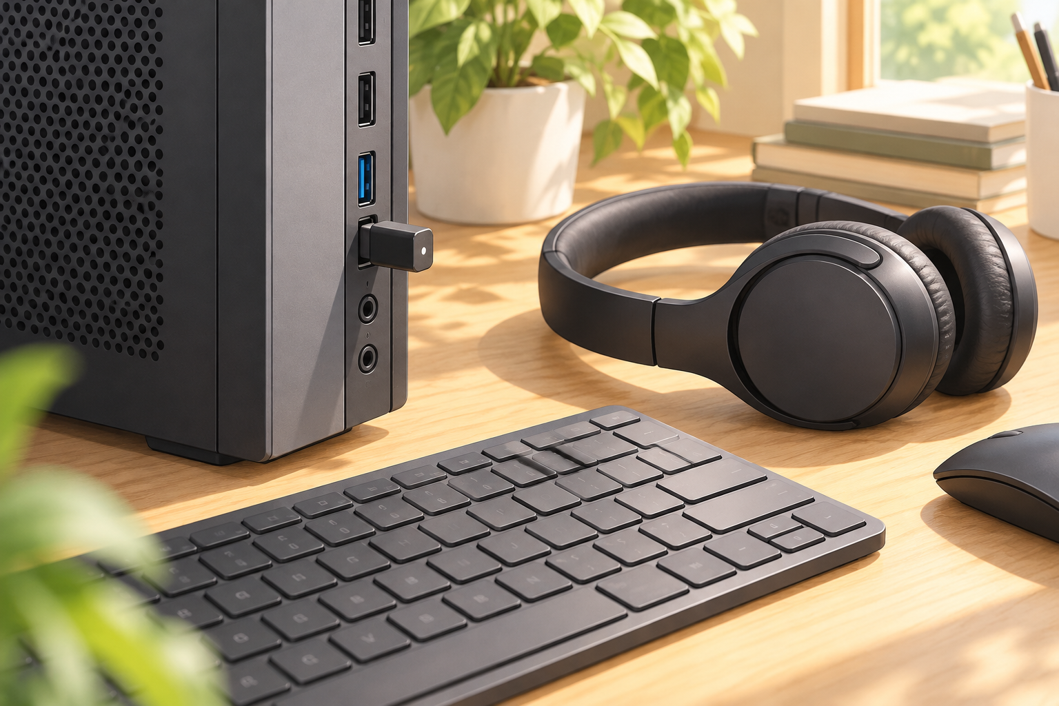 USBアダプターでBluetooth機器を使う場面（AI生成イメージ）。紹介製品の実物写真・形状の再現・動作検証結果ではありません。