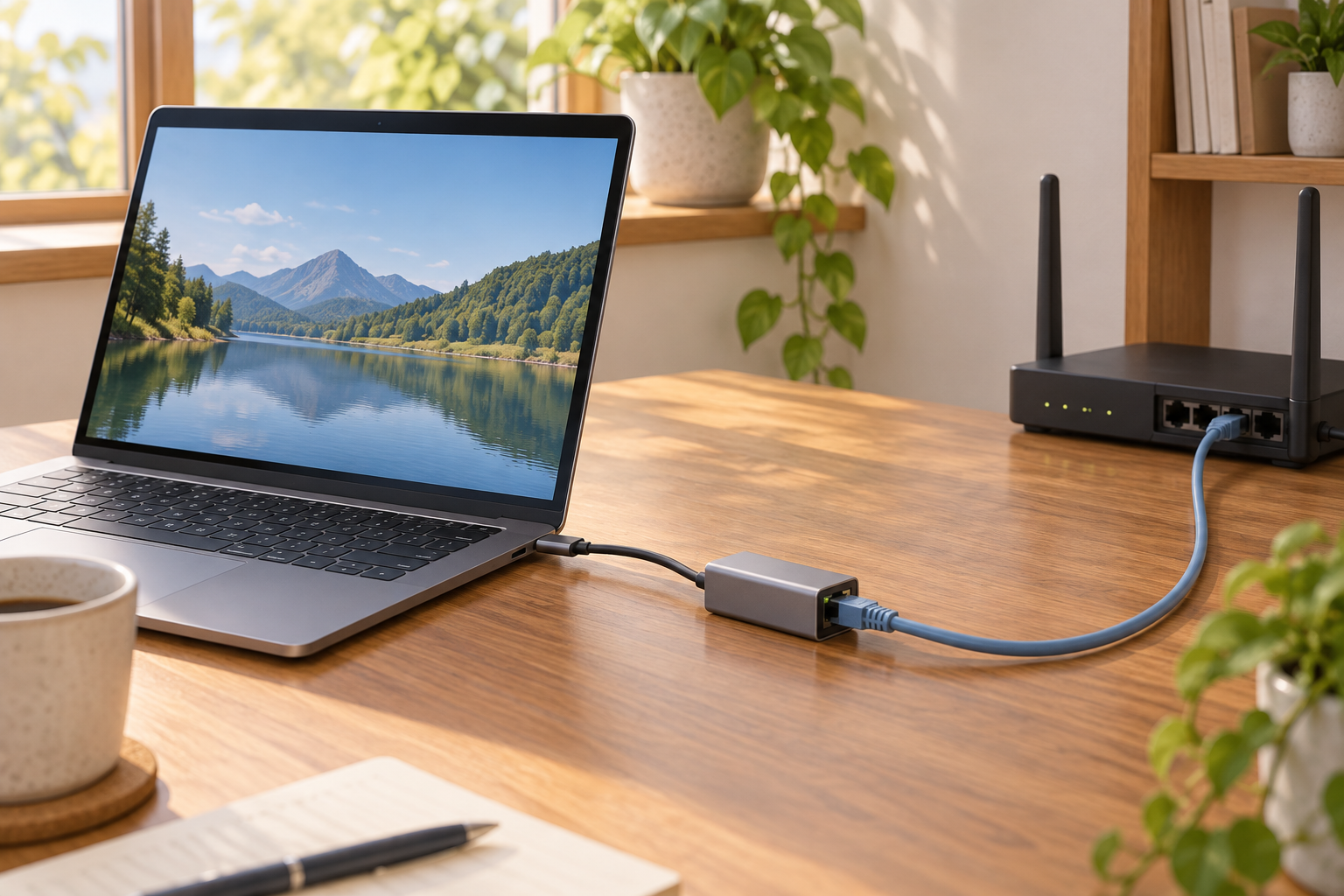 USB-C有線LANアダプターを介してPCをルーターにつなぐ場面（AI生成イメージ）。紹介製品の実物写真・形状の再現・動作検証結果ではありません。