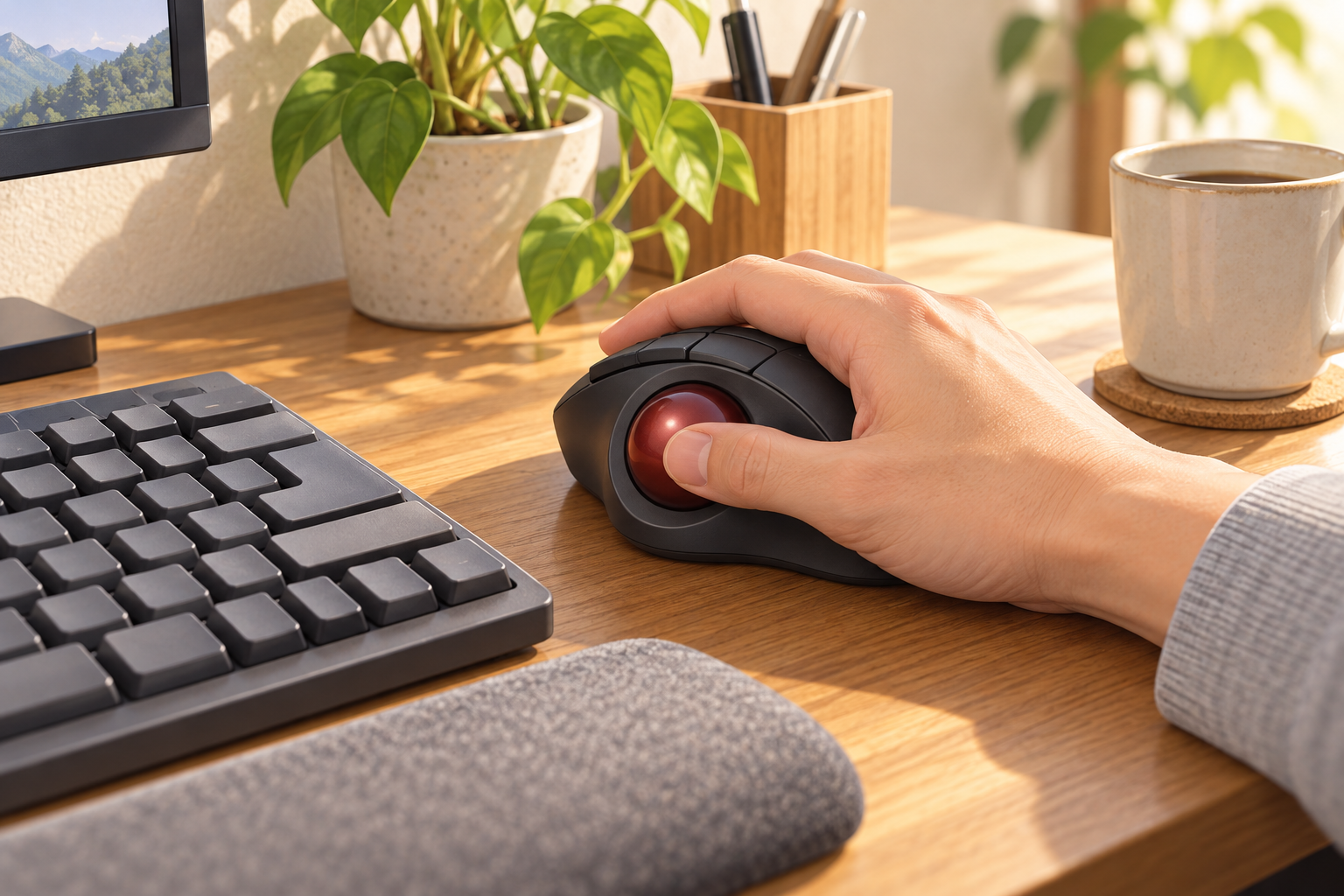 親指トラックボールでPCを操作する場面(AI生成イメージ)。紹介製品の実物写真・形状の再現・動作検証結果ではありません。